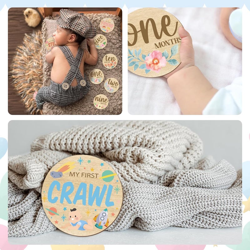 Al Raied ARS® 10PCS Baby Monthly Milestone Photo Cards - Double Sided Wooden Milestone Discs for Newborn Announcement and Baby Shower Gifts - Image 2