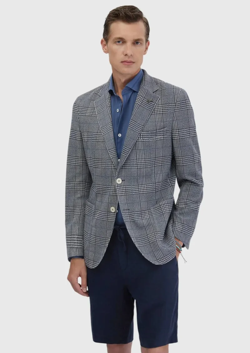 RAMSEY Indigo Checkered Shirt Shoulder Slim Fit Cotton Blended Jacket