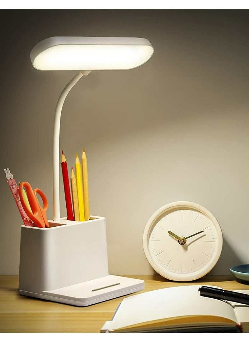 MIXDE Desk Lamp, LED Table Light for Home Office Lighting, 3 Modes Study Lamp, Dimmable Office Light, Small Desk Lamp with Rechargeable USB Charging Port and Pen Holder, White  - Image 1