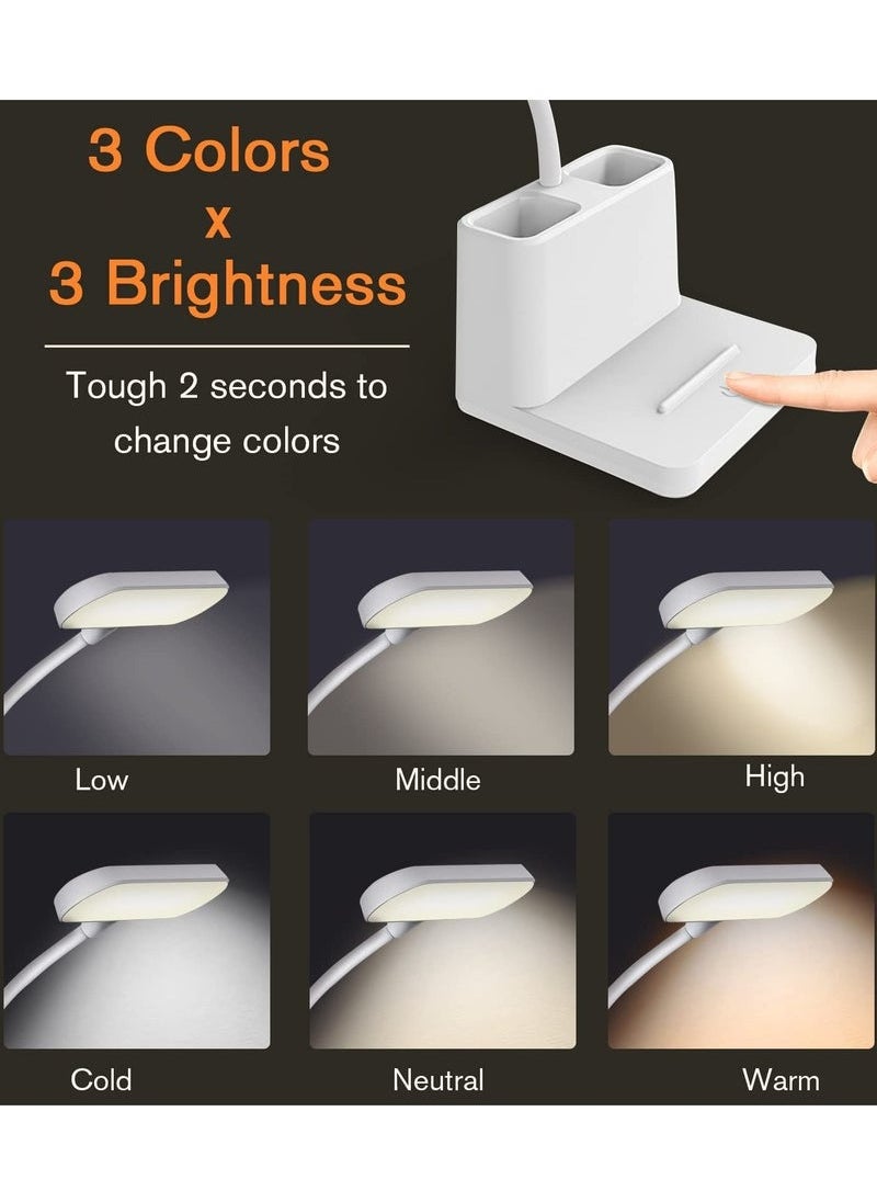Desk Lamp, LED Table Light for Home Office Lighting, 3 Modes Study Lamp, Dimmable Office Light, Small Desk Lamp with Rechargeable USB Charging Port and Pen Holder, White