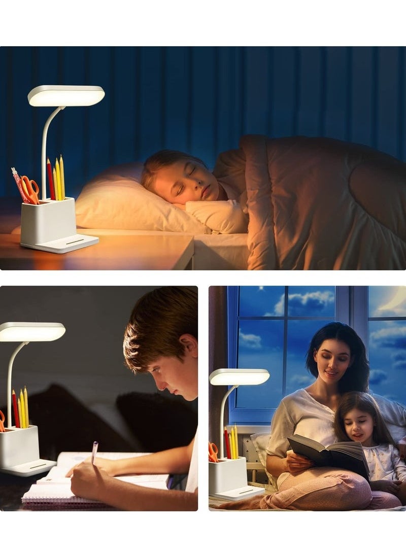 Desk Lamp, LED Table Light for Home Office Lighting, 3 Modes Study Lamp, Dimmable Office Light, Small Desk Lamp with Rechargeable USB Charging Port and Pen Holder, White