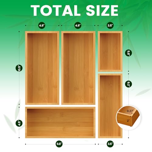 Bayting Bamboo Drawer Organizer Set 5Piece Storage Trays for Kitchen Bathroom Office Desk Makeup Junk DrawersUtensils - Image 3