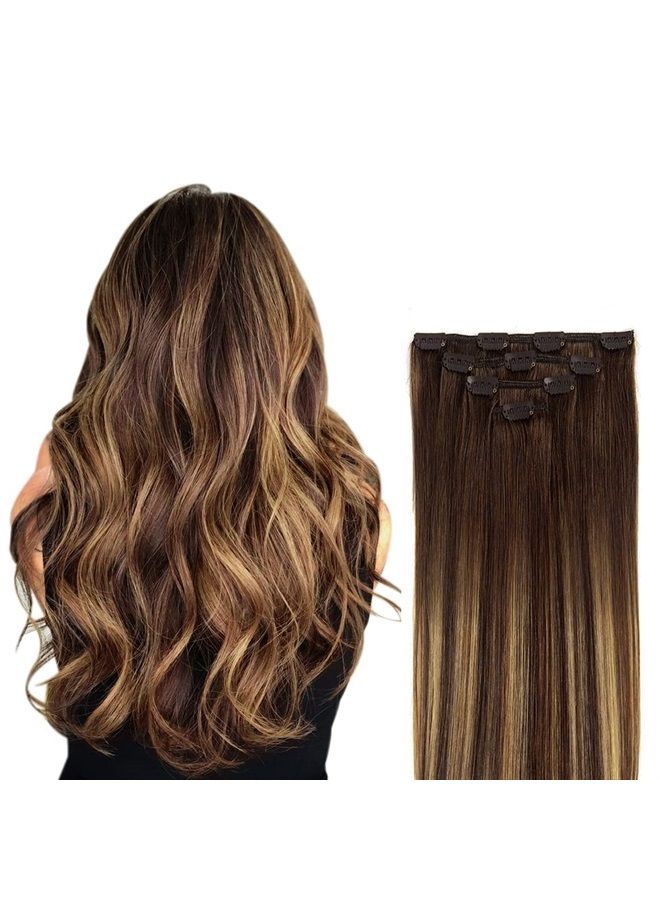 Winsky 12" Hair Extensions Balayage Clip in Human Hair for Women - Silky Straight Chocolate Brown to Honey Blonde Highlight Brown Ombre Hair 50grams 4pieces #(4T27) P4 Color - Image 1