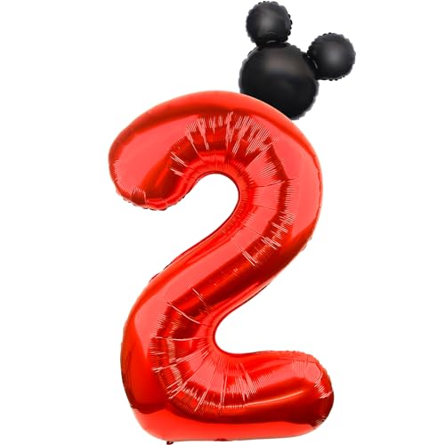 LEBERY Mouse Number 2 Balloon 40 Inch Red Number 2 Balloon Mini Mouse Head Balloons for 2nd Birthday Party Black Red Large Numeral Two Foil Balloons for Baby Shower Anniversary Supplies Decoration - Image 1