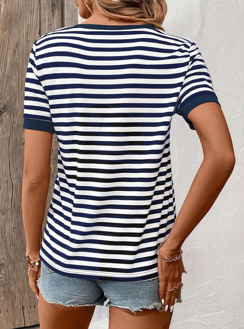 LilyCoco Striped Shirt Women V Neck T Shirts Short Sleeve Color Block Summer Tops Notch Navy Small - Image 2