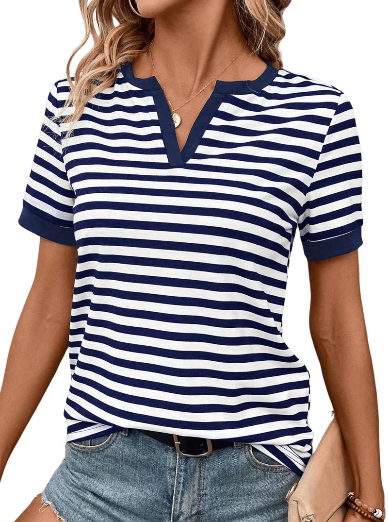 LilyCoco Striped Shirt Women V Neck T Shirts Short Sleeve Color Block Summer Tops Notch Navy Small - Image 1