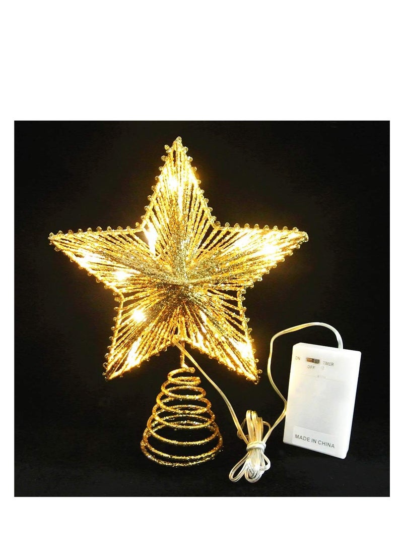 SYOSI 3D Christmas Tree Topper Star, Hollowed-Out Glittered Metal Treetop Star with Timer Warm White Christmas Tree Decorations, for Home Party Holiday Winter Xmas Tree Bar Shop Office Decorations - Image 1