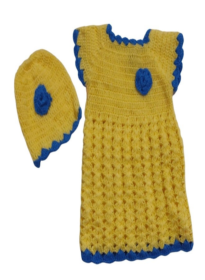 Cute Collection Handmade Woolen Frock with Cap Cum Sweater for 0 to 6 Months Baby Girls Yellow - Image 1