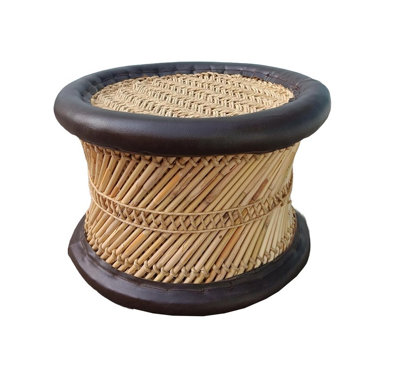 eGharonda Handmade Bamboo SARKANDA Cane Wood Muddi Stool for Indoor and Outdoor Beige Brown Set of 1 10x12 Inches - Image 1
