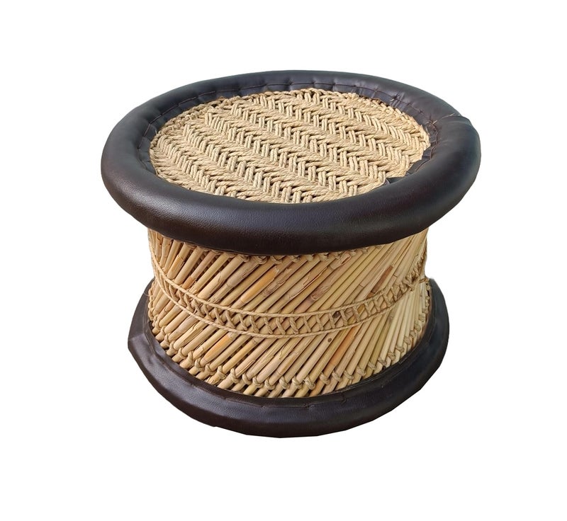 eGharonda Handmade Bamboo SARKANDA Cane Wood Muddi Stool for Indoor and Outdoor Beige Brown Set of 1 10x12 Inches - Image 4