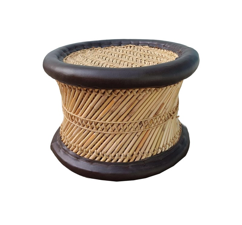 eGharonda Handmade Bamboo SARKANDA Cane Wood Muddi Stool for Indoor and Outdoor Beige Brown Set of 1 10x12 Inches - Image 3
