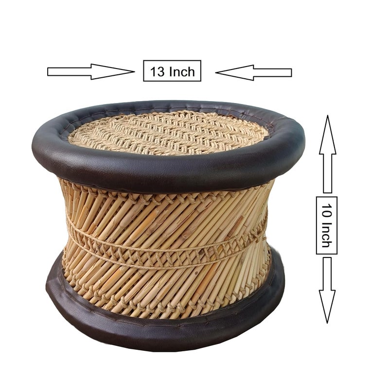 eGharonda Handmade Bamboo SARKANDA Cane Wood Muddi Stool for Indoor and Outdoor Beige Brown Set of 1 10x12 Inches - Image 2