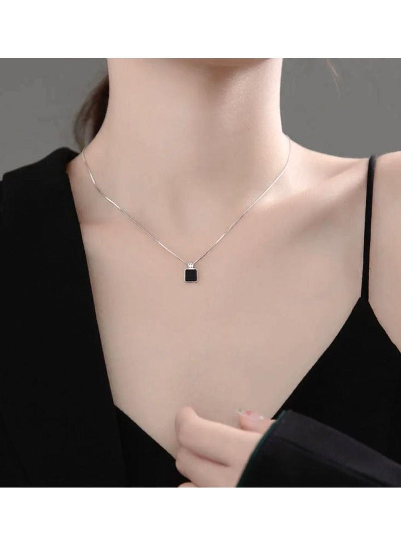 Luxury Bee Box Enamel Square Chain Black Silver Sterling 925 Minimalist Necklace.