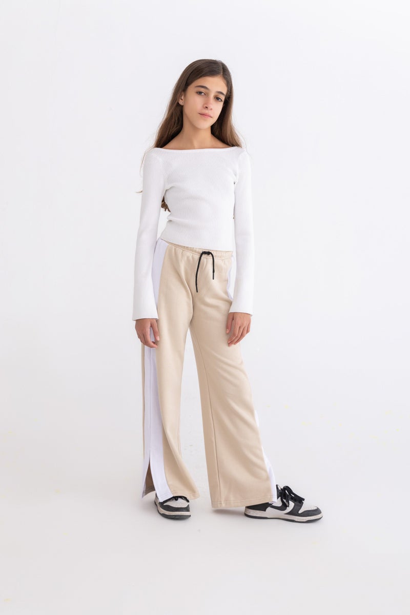 Girls Beige sweat pants with white stripes