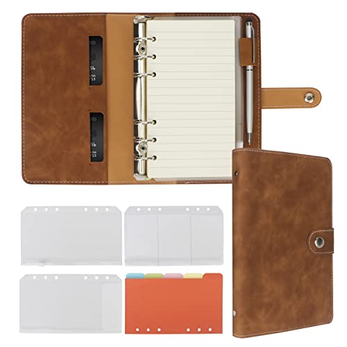 FYY A6 Binder Refillable Planner Notebook 6 Ring PU Leather Binder Journal with Pockets, Dividers, Refill Paper Brown - Image 1