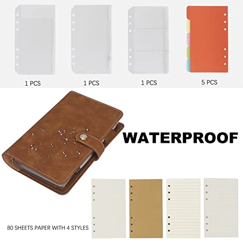 FYY A6 Binder Refillable Planner Notebook 6 Ring PU Leather Binder Journal with Pockets, Dividers, Refill Paper Brown - Image 4