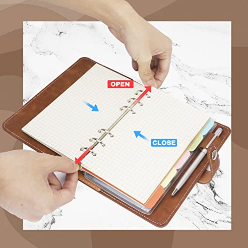 FYY A6 Binder Refillable Planner Notebook 6 Ring PU Leather Binder Journal with Pockets, Dividers, Refill Paper Brown - Image 5
