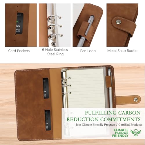FYY A6 Binder Refillable Planner Notebook 6 Ring PU Leather Binder Journal with Pockets, Dividers, Refill Paper Brown - Image 3