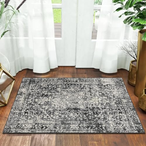 Morebes Vintage 2x3 Black Entryway Rugs Washable Kitchen Rug Non Slip Indoor Door Mat Medallion StainResistant Soft Low Pile Throw Carpet for Entrance Bathroom Bedroom