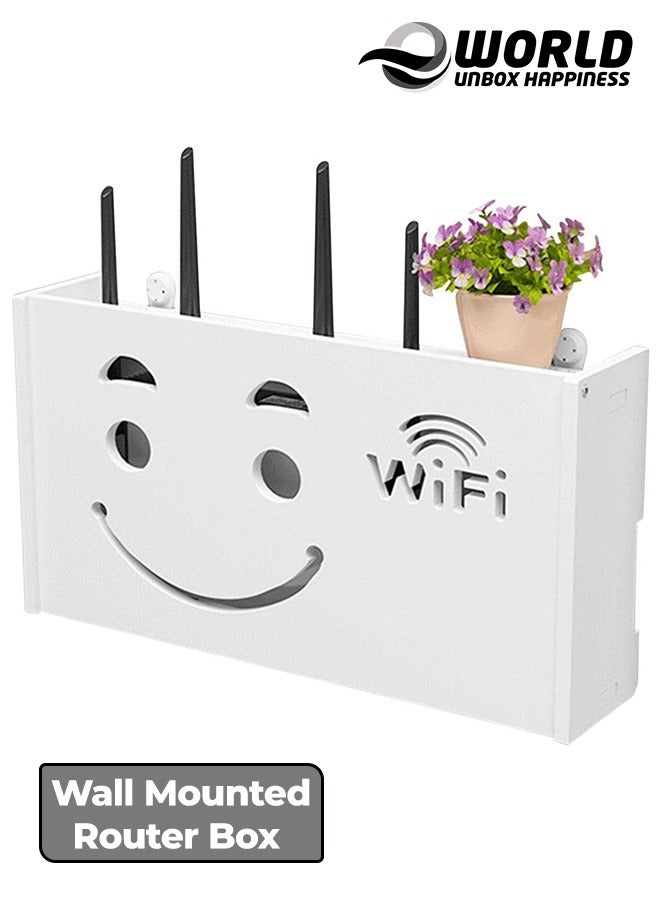 Eworld Stylish Wall-Mounted Router Rack for Wi-Fi Router, Set-Top Box, Light Cat Box, and More, Includes Doors and Patch Panel Shielding Box for Neat Storage, White. - Image 1