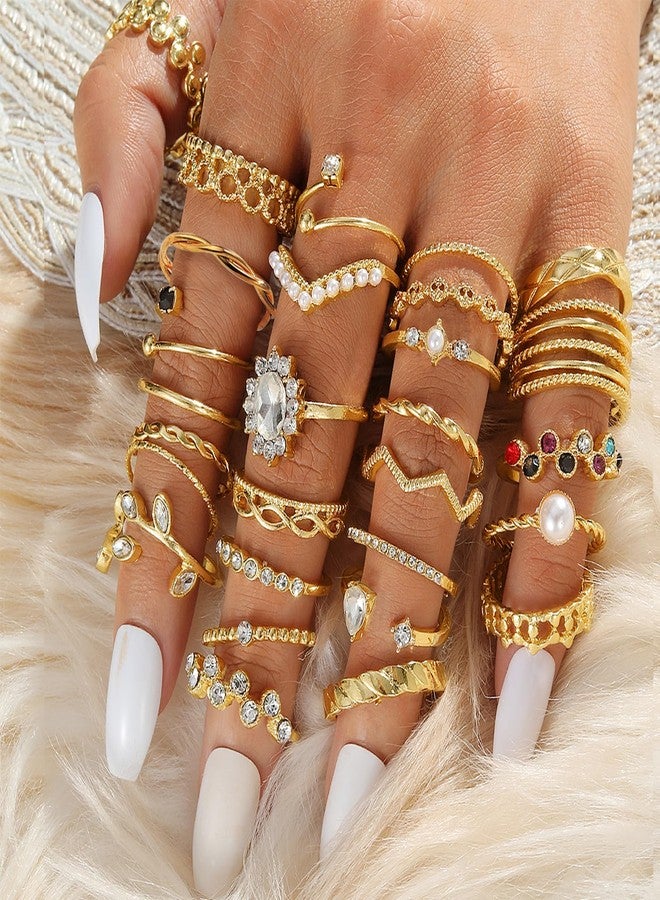 IFKM 28 Pcs Gold Knuckle Rings Set For Women Vintage Stackable Joint Finger Midi Rings Dainty Cubic Zirconia Crystal Simple Twist Hollow Cute Rings Pack Jewelry Gift… - Image 2