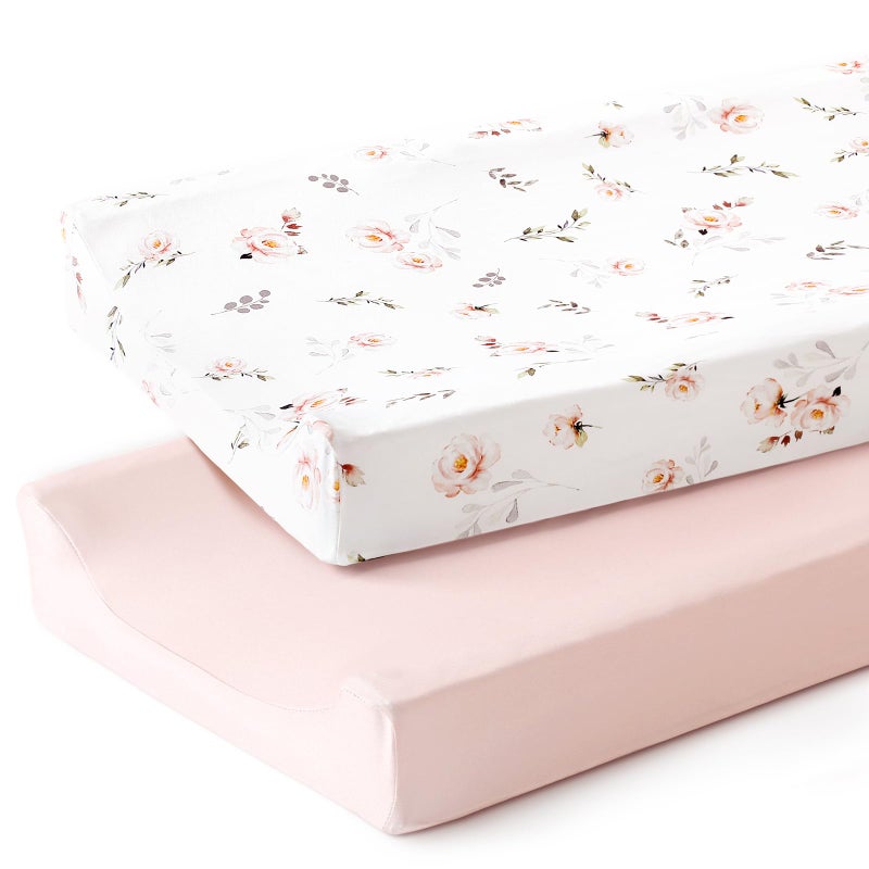 GRSSDER Stretch Ultra Soft Jersey Knit Changing Pad Cover Set 2 Pack Change Table Pad Covers Fit 3234 x 16 Pads Safe and Snug Pink Rose Print