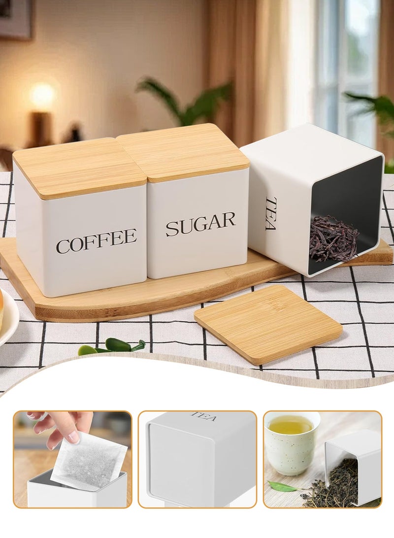 هومار كيت 3 قطع كبيرة السعة الفولاذ المقاوم للصدأ، علبة مطبخ القهوة، منظّم السكر، صندوق تخزين الشاي، أواني تخزين القهوة، مجموعة تخزين حاويات المطبخ مع أكياش الخيزران - Image 4