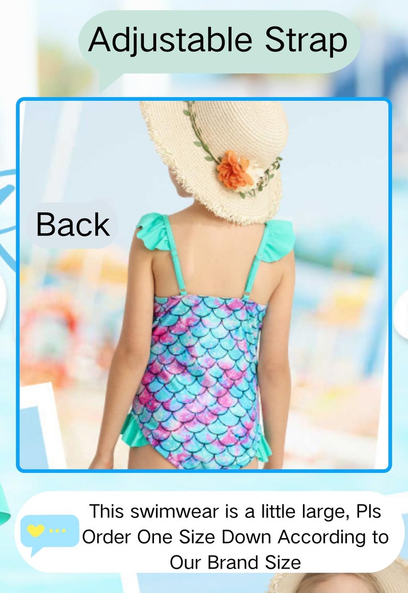 DAXIANG Girls One Piece Beach Bathing Suit Summer Hawaiian Floral Ruffle Sleeve Swimming Suit Green Mermaid 6 Years 7 Years Size 6-7 - Image 4