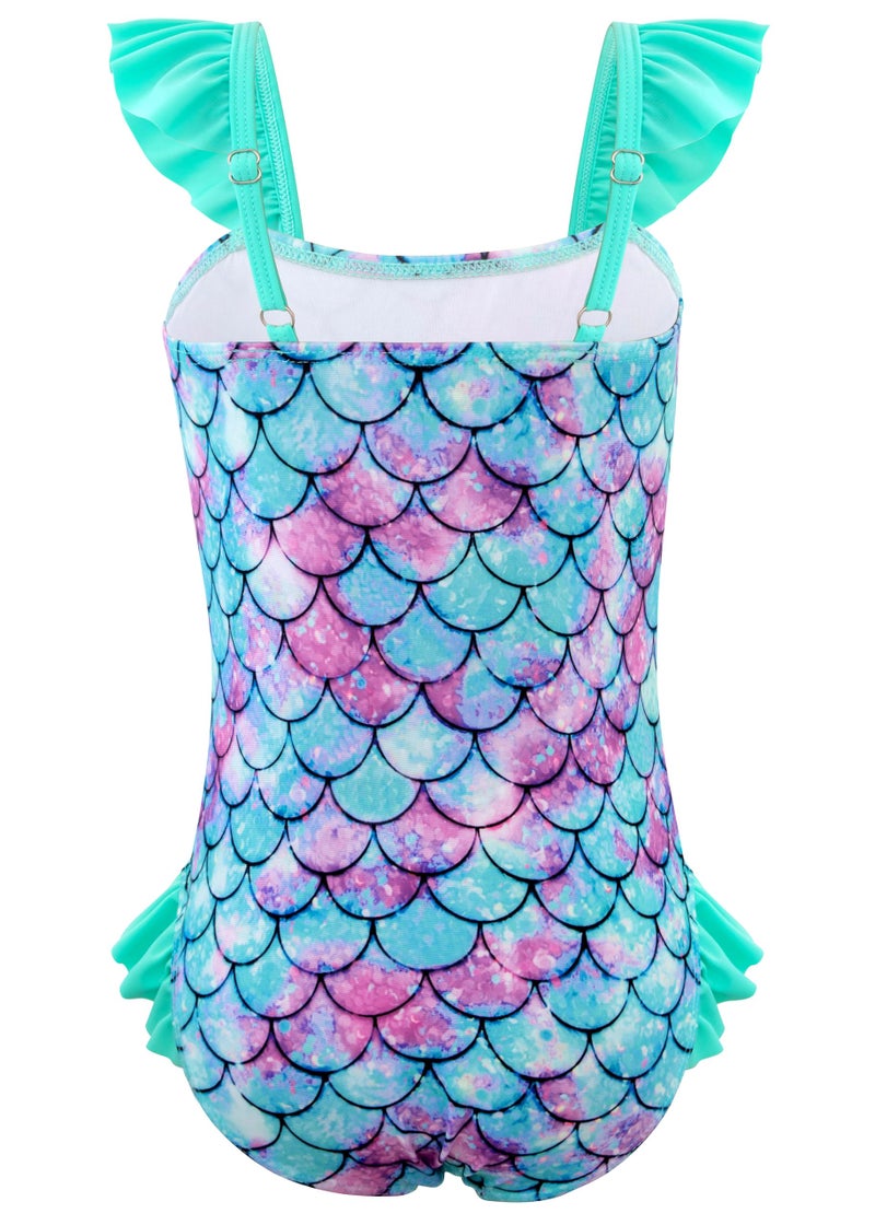 DAXIANG Girls One Piece Beach Bathing Suit Summer Hawaiian Floral Ruffle Sleeve Swimming Suit Green Mermaid 6 Years 7 Years Size 6-7 - Image 2