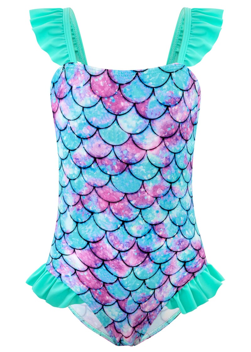 DAXIANG Girls One Piece Beach Bathing Suit Summer Hawaiian Floral Ruffle Sleeve Swimming Suit Green Mermaid 6 Years 7 Years Size 6-7 - Image 1