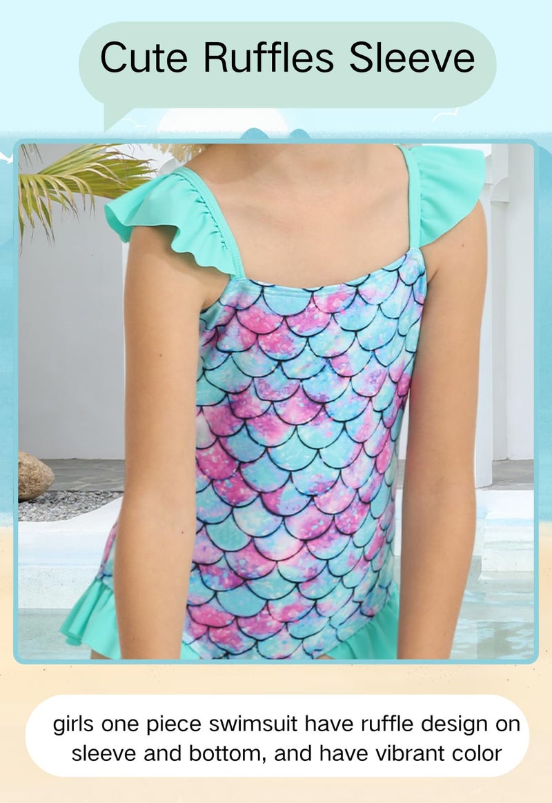 DAXIANG Girls One Piece Beach Bathing Suit Summer Hawaiian Floral Ruffle Sleeve Swimming Suit Green Mermaid 6 Years 7 Years Size 6-7 - Image 3