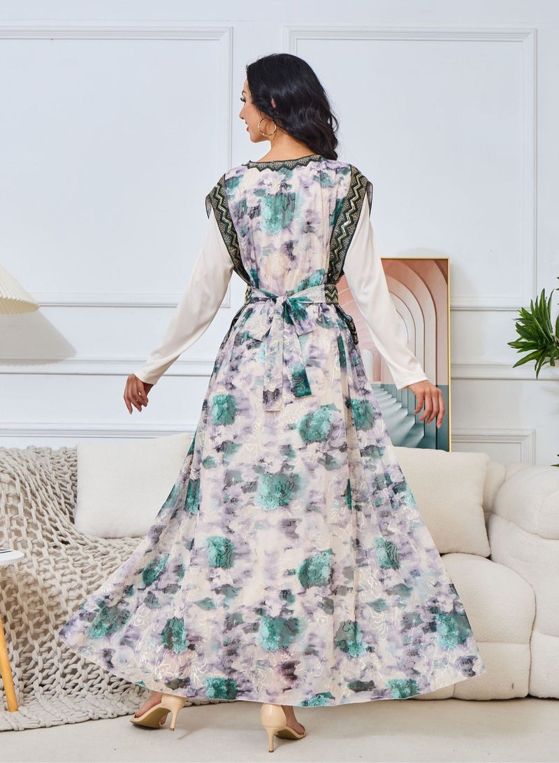 Madam Uniq Floral Long Sleeve V-Neck Embroidered Muslim Evening Gown Robe - Image 2