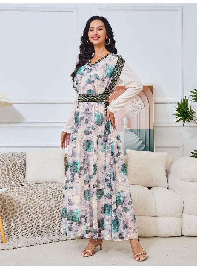 Madam Uniq Floral Long Sleeve V-Neck Embroidered Muslim Evening Gown Robe - Image 1