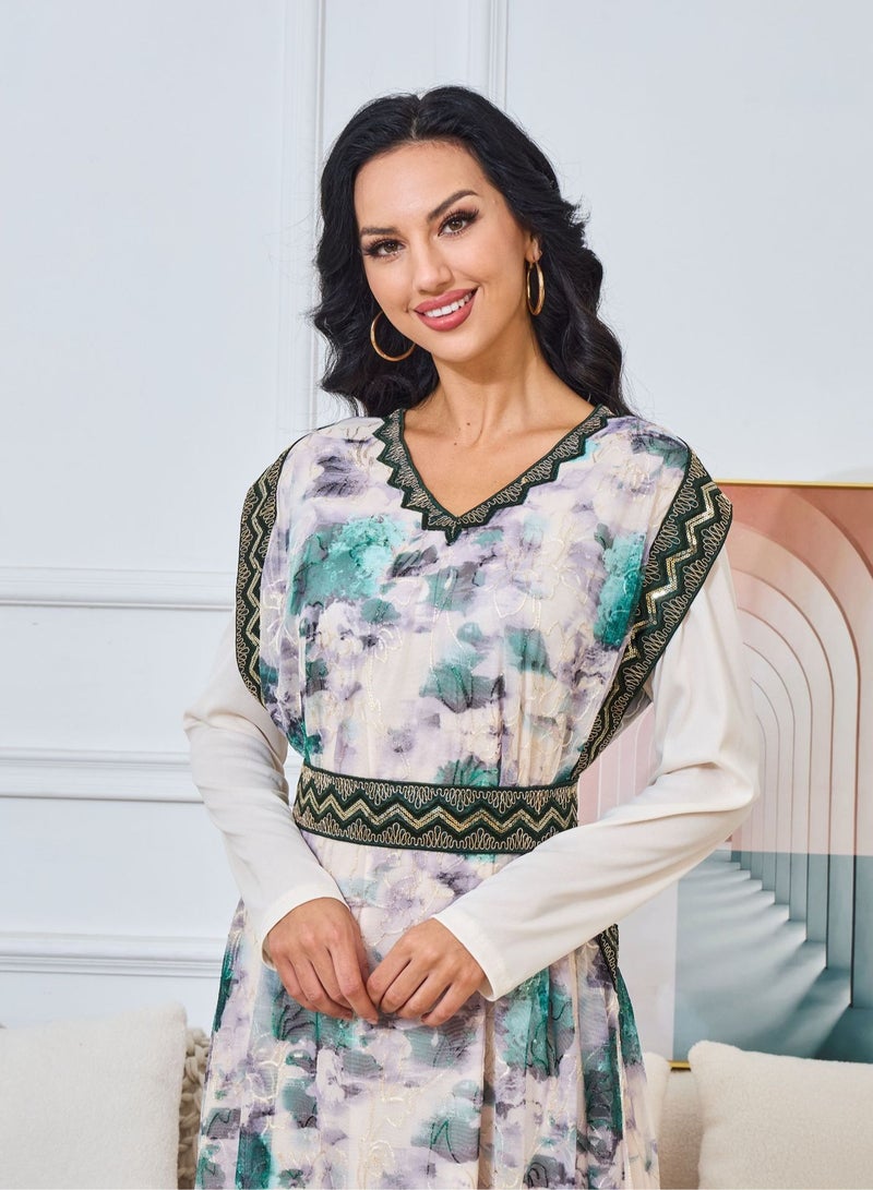 Madam Uniq Floral Long Sleeve V-Neck Embroidered Muslim Evening Gown Robe - Image 5