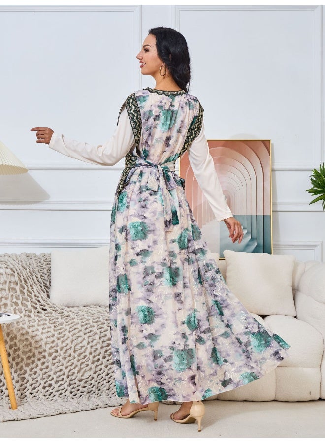 Madam Uniq Floral Long Sleeve V-Neck Embroidered Muslim Evening Gown Robe - Image 3