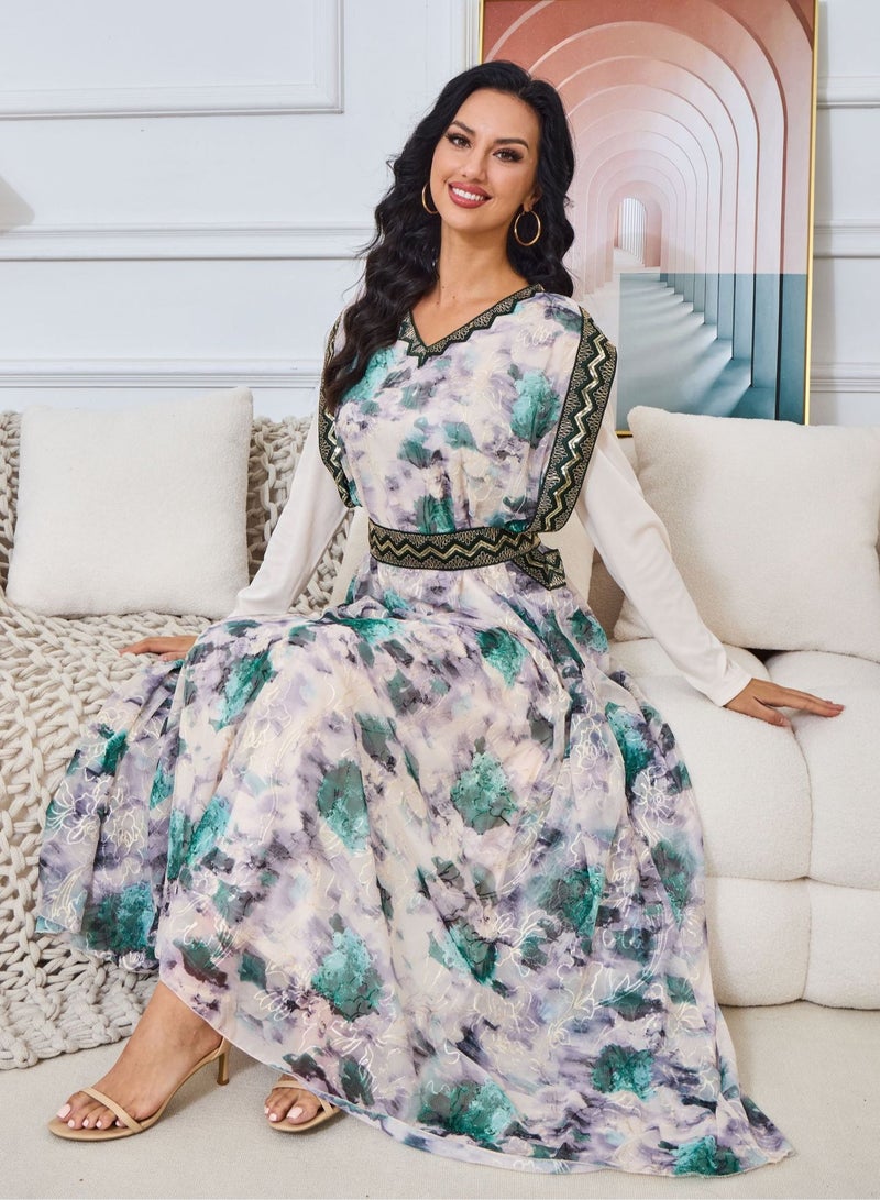 Madam Uniq Floral Long Sleeve V-Neck Embroidered Muslim Evening Gown Robe - Image 4