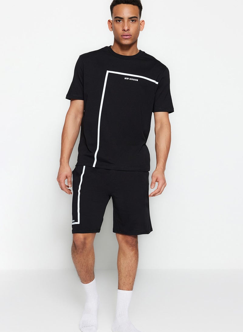 trendyol Black Regular Fit Crew Neck Printed Shorts Pajamas Set TMNSS23PT00017 - Image 1