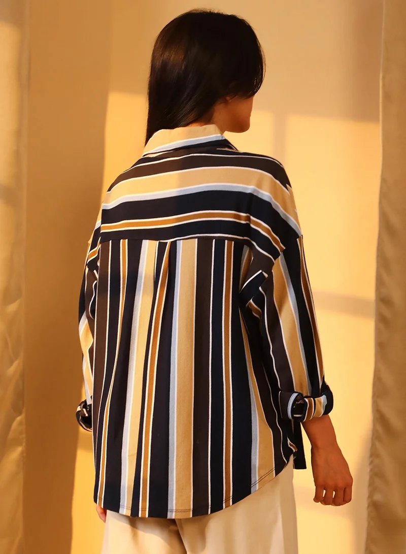 PINACOLADA Pinacolada Women's Midnight Black & Yellow Ochre Striped Boxy Shirt For Casual Wear | Spread Collar | Long Sleeve | Button Closure | Shirt Designed With Comfortable Fit For Woman & Girls