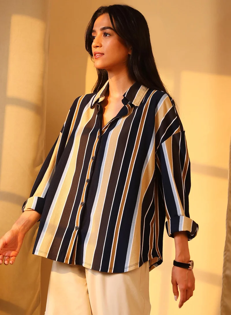 PINACOLADA Pinacolada Women's Midnight Black & Yellow Ochre Striped Boxy Shirt For Casual Wear | Spread Collar | Long Sleeve | Button Closure | Shirt Designed With Comfortable Fit For Woman & Girls