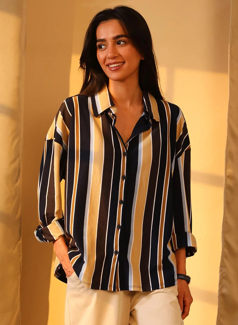 PINACOLADA Pinacolada Women's Midnight Black & Yellow Ochre Striped Boxy Shirt For Casual Wear | Spread Collar | Long Sleeve | Button Closure | Shirt Designed With Comfortable Fit For Woman & Girls