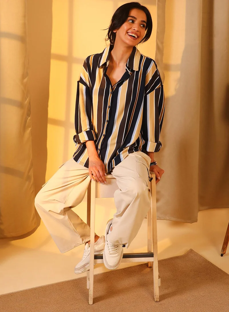 PINACOLADA Pinacolada Women's Midnight Black & Yellow Ochre Striped Boxy Shirt For Casual Wear | Spread Collar | Long Sleeve | Button Closure | Shirt Designed With Comfortable Fit For Woman & Girls