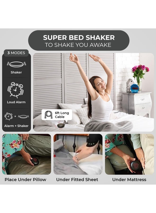 Sonic Alert ساعة منبه سونيك ألارم سونيك بوم مع هزاز سرير، ساعة منبه اهتزازية تركوازية للنائمين الثقيلين، احتياطي بطارية | استيقظ مع اهتزاز - Image 2