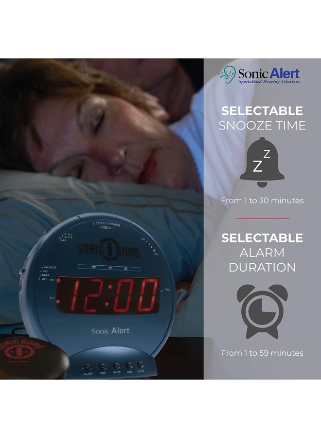 Sonic Alert ساعة منبه سونيك ألارم سونيك بوم مع هزاز سرير، ساعة منبه اهتزازية تركوازية للنائمين الثقيلين، احتياطي بطارية | استيقظ مع اهتزاز - Image 5