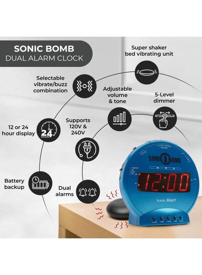 Sonic Alert ساعة منبه سونيك ألارم سونيك بوم مع هزاز سرير، ساعة منبه اهتزازية تركوازية للنائمين الثقيلين، احتياطي بطارية | استيقظ مع اهتزاز - Image 4