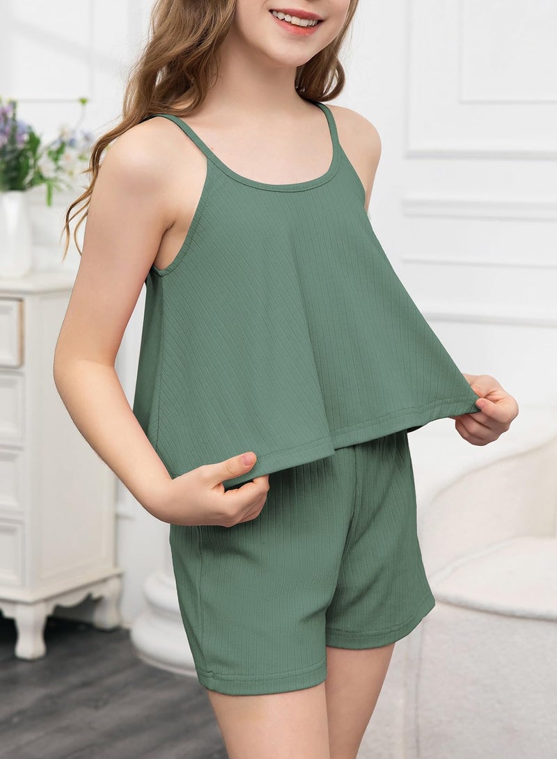 blibean Tween Girl Clothes Sets Little Kids Girls Summer Shorts Outfits Casual Fashion Tank Tops Matching Lounge Clothing Set 2pcs Size 10-11 Year Old Green - Image 3