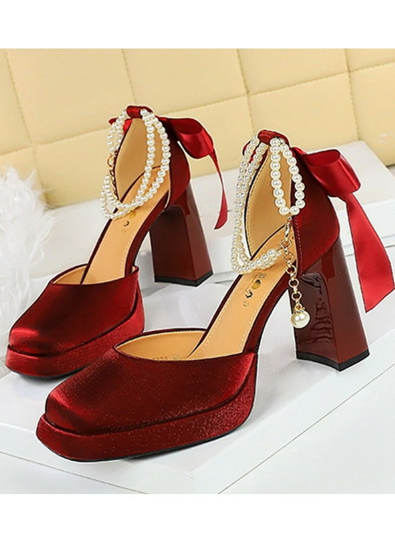 BIGTREE Womens Satin Platform Chunky High Heel Square Closed Toe With Beaded Ankle Strap And Bowknot Decoration Pumps Wine Red 9CM - Image 1