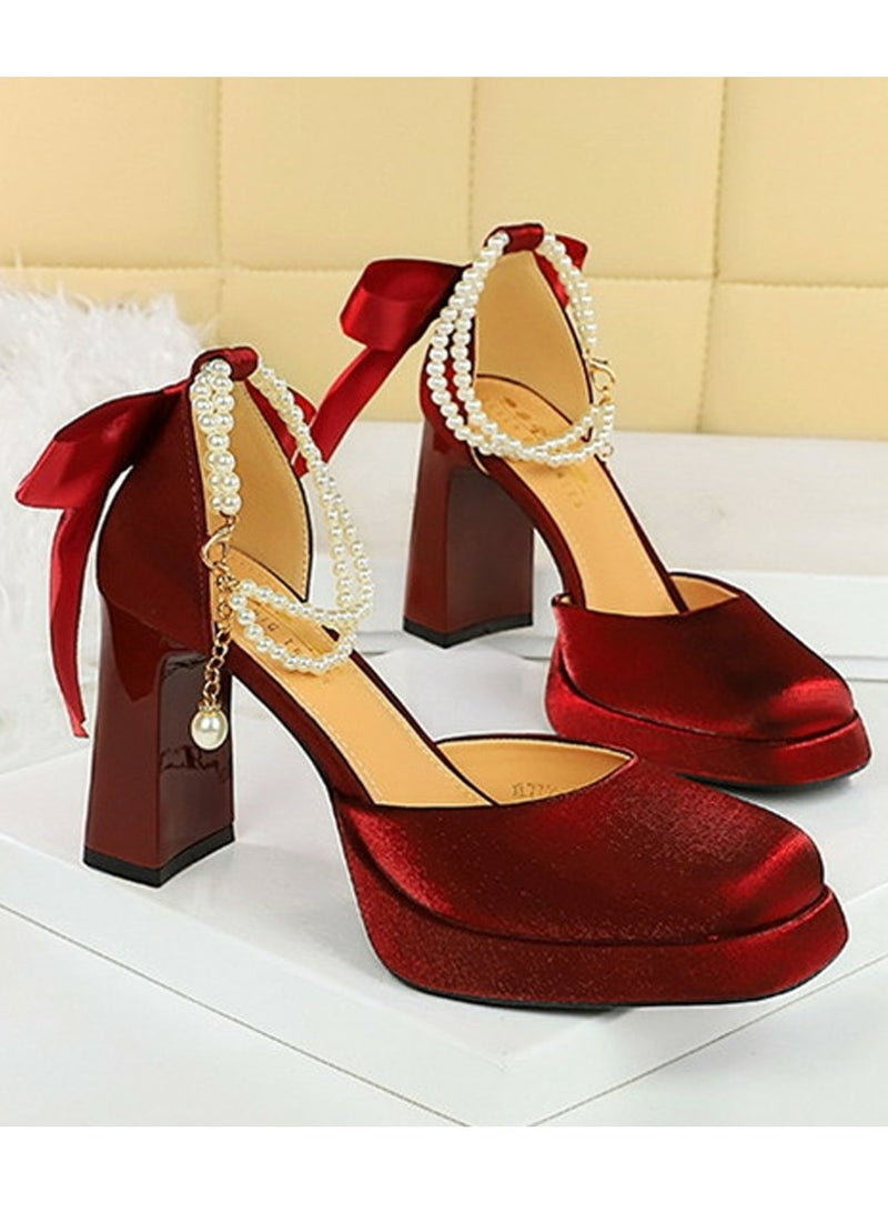 BIGTREE Womens Satin Platform Chunky High Heel Square Closed Toe With Beaded Ankle Strap And Bowknot Decoration Pumps Wine Red 9CM - Image 2
