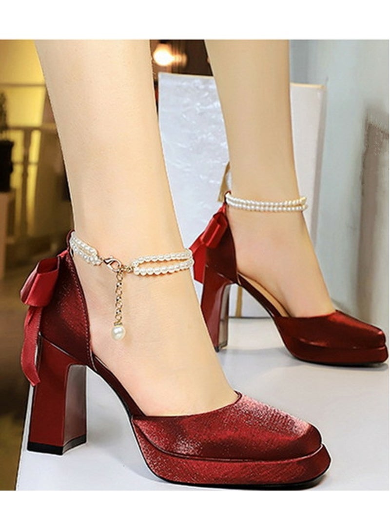 BIGTREE Womens Satin Platform Chunky High Heel Square Closed Toe With Beaded Ankle Strap And Bowknot Decoration Pumps Wine Red 9CM - Image 3