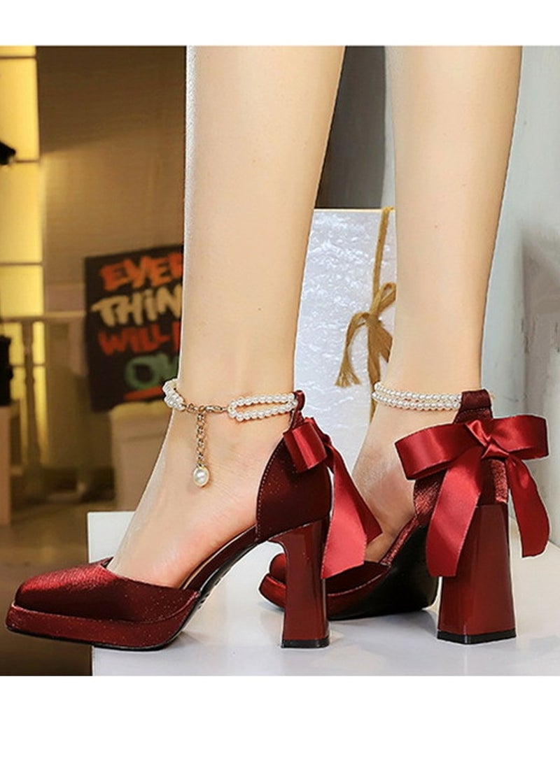 BIGTREE Womens Satin Platform Chunky High Heel Square Closed Toe With Beaded Ankle Strap And Bowknot Decoration Pumps Wine Red 9CM - Image 4