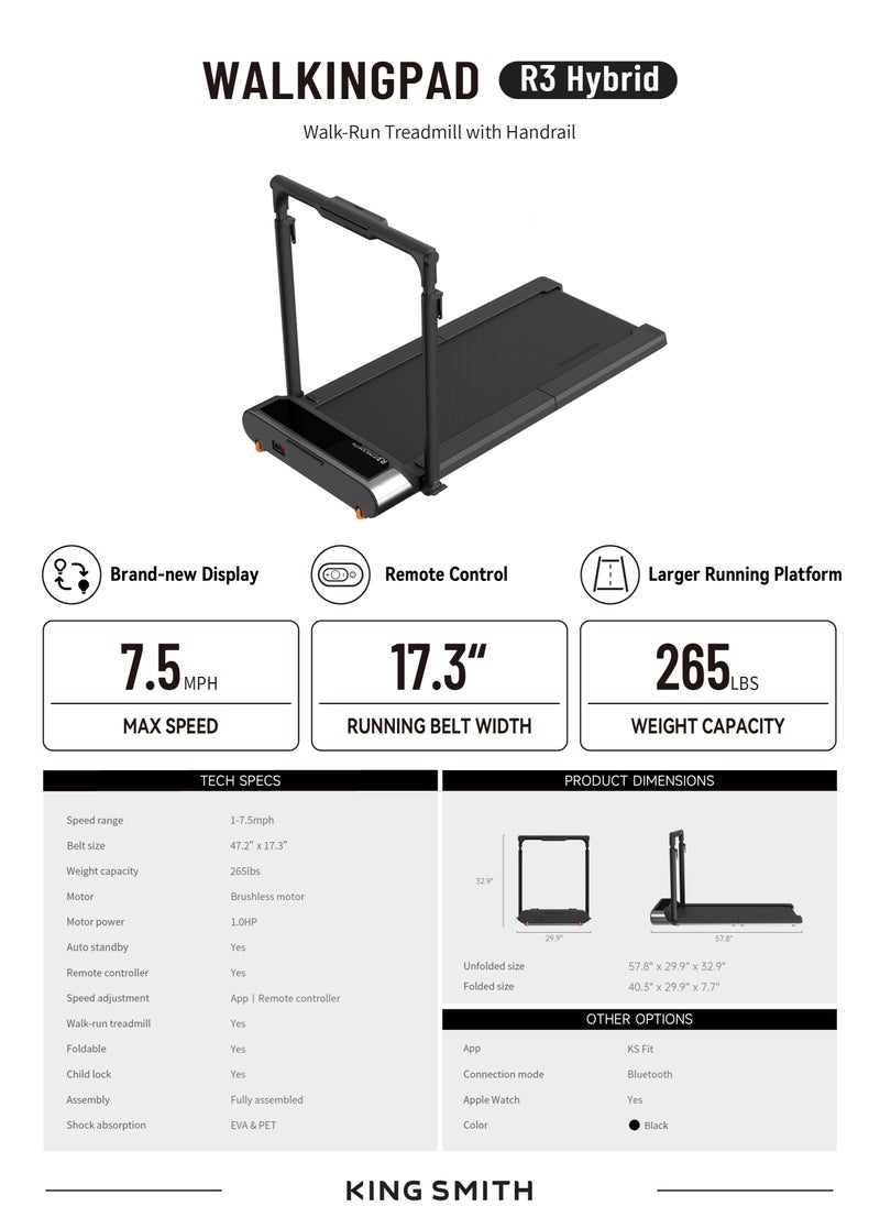 KINGSMITH - WP440P4 Kingsmith WalkingPad Treadmill Black R3 Hybrid | Walk, Jog or Run, 3-in-1 | Silent Brushless 1HP 735W motor |  upto 120kg user weight | Black - Image 1